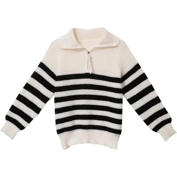 Women's Stripe Sweater Half Turtleneck Zipper Long Sleeve Knit Striped White - Picture 7 of 7